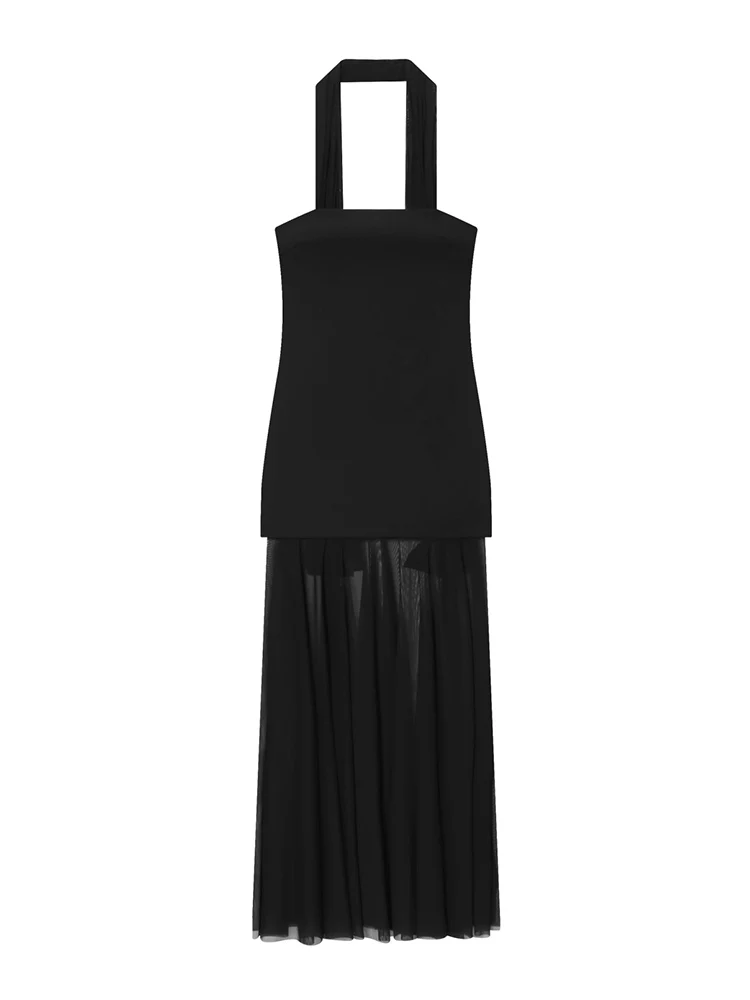 Women's Solid Mesh Spliced Long Dress Fashion Strapless Sexy See Through Slim Fit Sleeveless Party Wear 2026 New Elegant