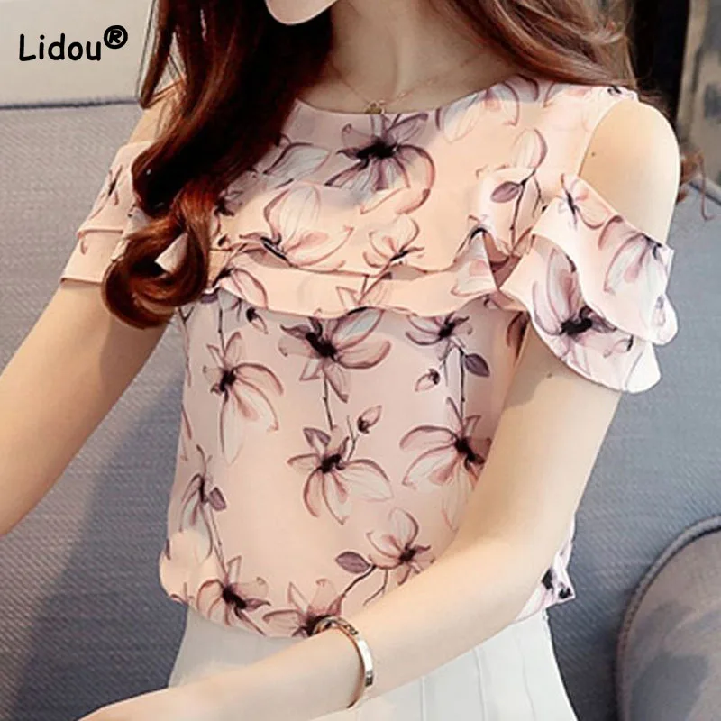 

Summer Fashion Elegant Off Shoulder Printed Shirt Women's Clothing Korean All-match Ruffles Spliced Chiffon Blouse for Female