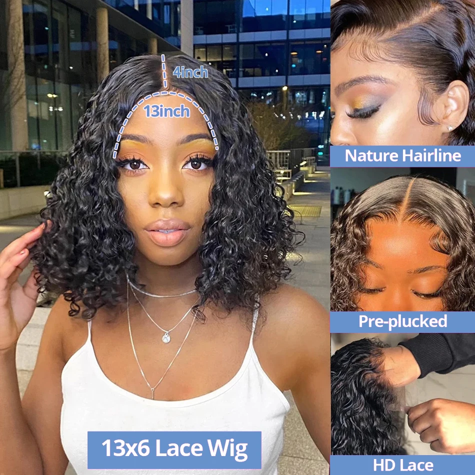13x4 Lace Frontal Wig Short Bob Wig Deep Wave Pre-Plucked 4x4 Lace Closure Brazilian Remy Human Hair Wigs For Women 180% Density