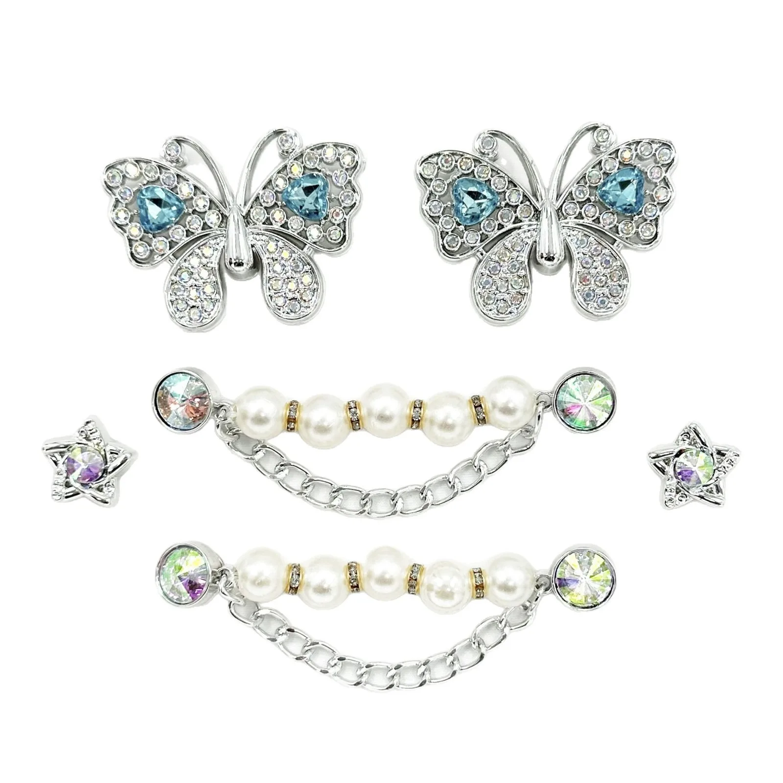 새로운 꽃 모양 신발 장식 버클 세트, 반짝이는 액세서리, 여성 신발 장 우아한 다이아몬드 나비 체인