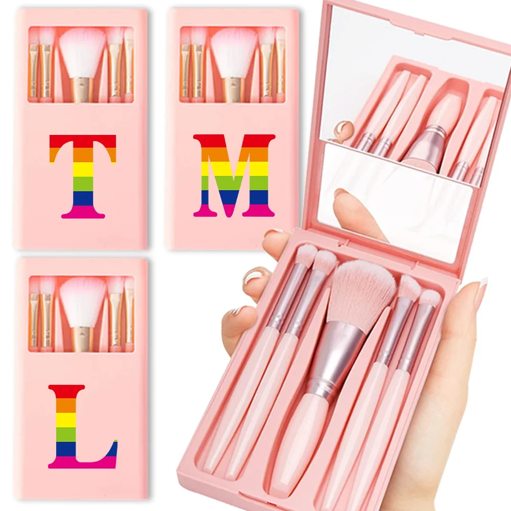 

5Pcs Color Makeup Brush Set With Mirror Box Portable Travel Organizer Cosmetic Brush Kit Beauty Tool Case Rainbow Letter Pattern