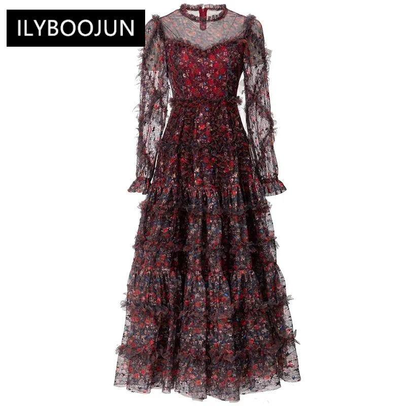 

Autumn Mesh Dress Women O-Neck Lantern Sleeve Ruffles Flower Print Vintage Party Long Dresses
