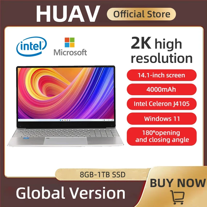 

HUAV 2023 New Laptop Notebook 14.1 FHD Screen Intel Celeron J4105 8GB RAM 1024GB SSD Windows 11 Student Laptops WiFi Bluetooth