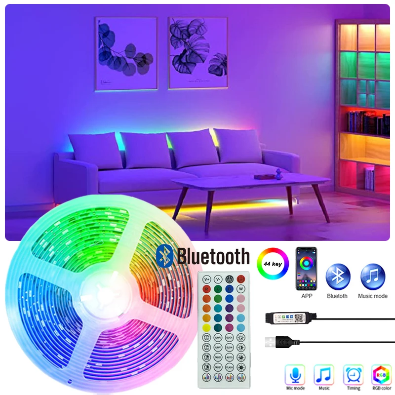 RGB5050 Lights USB Room Decor Music Mode for TV Background Bluetooth LED Lights with 44 Keys Remote Tape for Bedroom Decoration led strip lights rgb app control color changing lights with 24 keys remote 5050 mode for room decoration bluetooth tv background