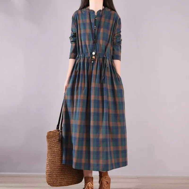 Plus Size Vintage Waist-Cinching Plaid Cotton-Linen Midi Dress with Belt