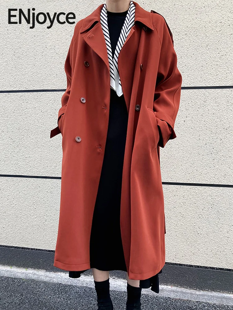 

ENjoyce Spring Fall Women Vintage Loose Mid-length Knee-length Windbreaker Ladies Double Breasted Trench Coats Overcoats