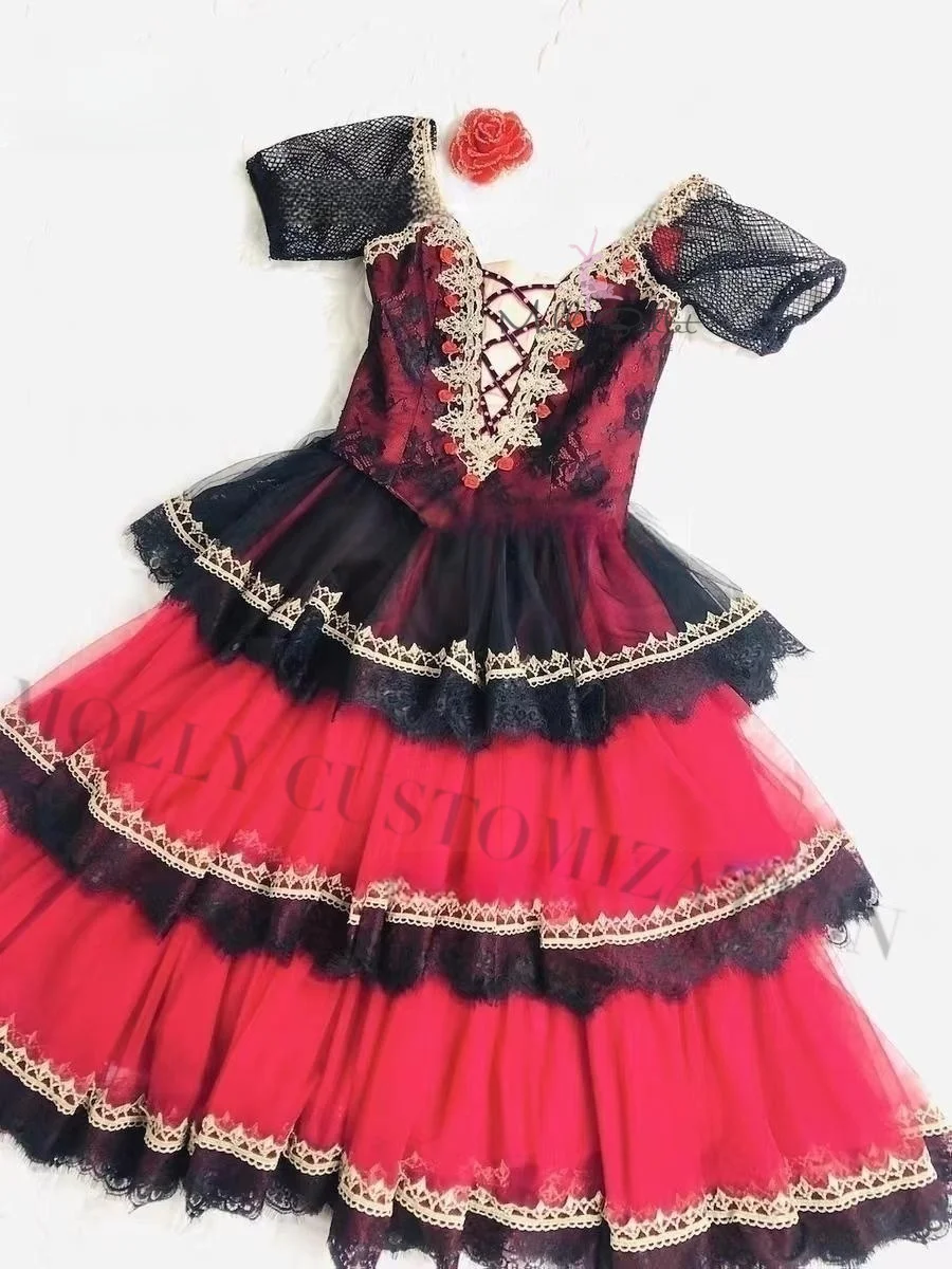 2024 Neue Don Quijote Variante Rot-Schwarzes Diamantbesetztes Dreischichtiges Romantisches Ballett Professionelles Aufführungs-Tüllkleid – Detail 5