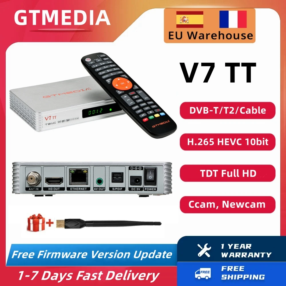 Gtmedia V7 Tt 1080P Full Hd Tdt Ricevitore Tv Digitale Terrestre Dvb-T/T2/Cavo H.265 Hevc 10Bit Sintonizzatore Tv Decoder Con Usb Wifi