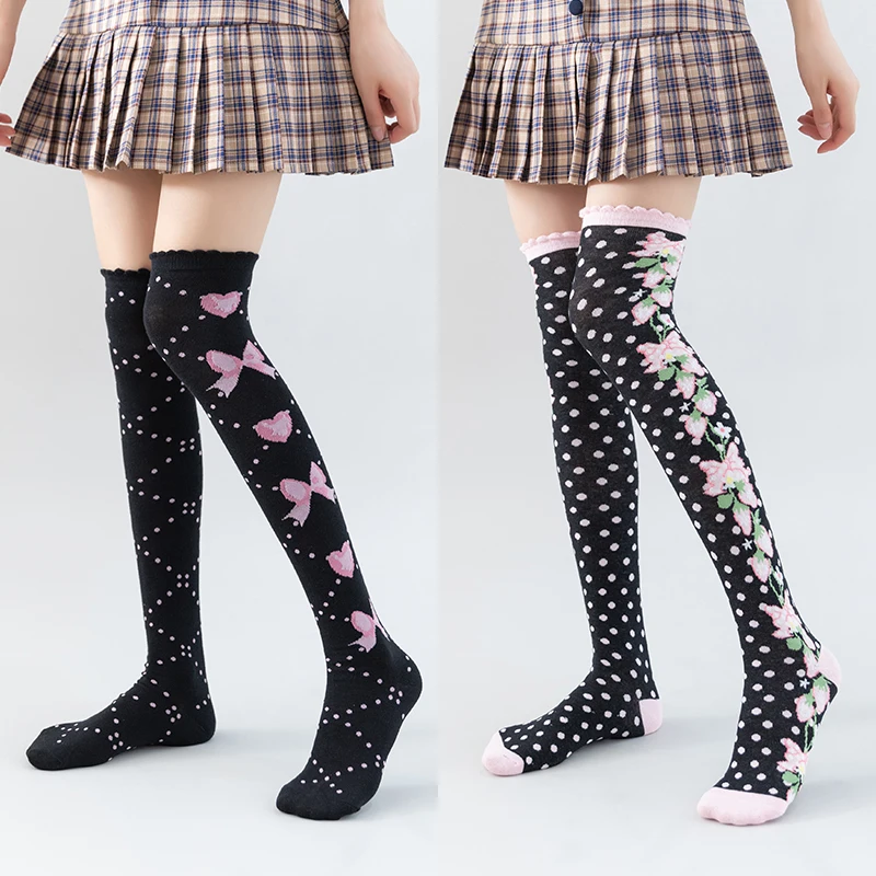 Japonský lolita llolita půvabný výšivka bavlna knihtisk měkké sesterské punčošky děvče knee-high ponožky