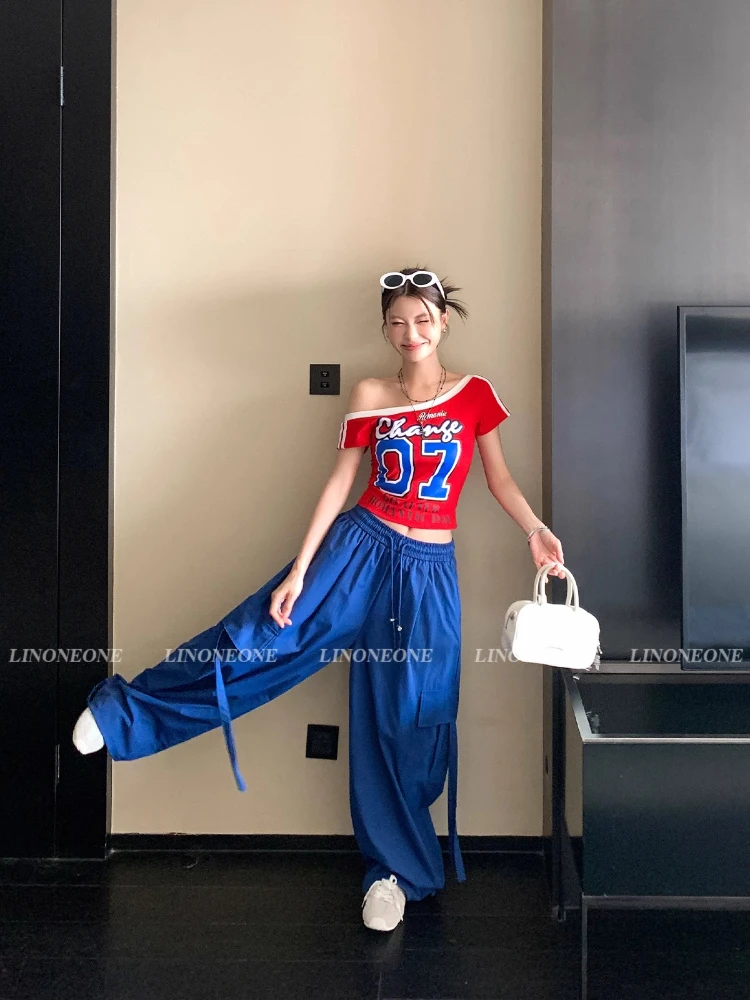 ‌Women's Y2K Red Blue Contrast Off-Shoulder Graphic Tee Oversized