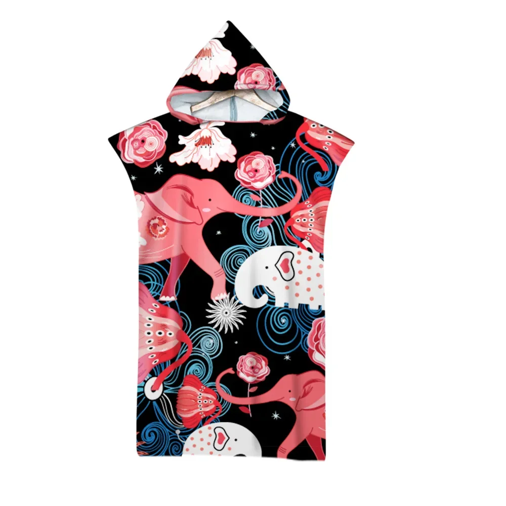 Hooded Bath Towel Robe Poncho Swimming Beach Towel Surf Man Lady Fast Quick Dry Bathrobe Beachwear-Floral Elephant Owl Pattern 4