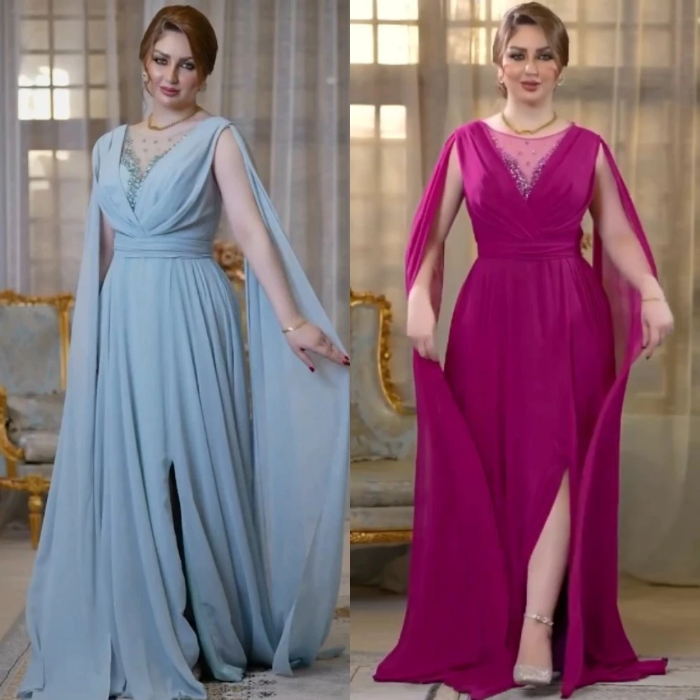 Sparkle Exquisite High Quality Chiffon Pleat Beading Beach A-line Scoop Neck Bespoke Occasion Gown Long Dresses