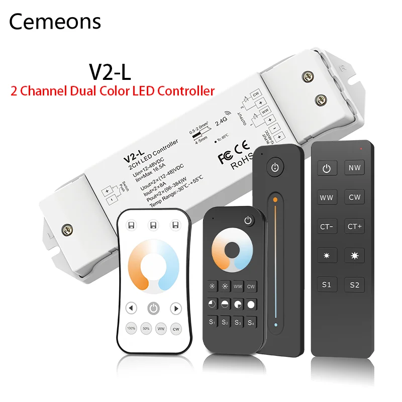 V2-L LED Controller 12-48V 2CH 16A 2.4G Wireless Remote Control RF WW CW LED Dimmer Switch for CCT Daul White LED Strip Light