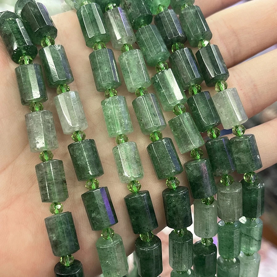 

Natural Green Strawberry Crystal Cylindrical Stone Beads Faceted Loose Spacer For Jewelry Making DIY Necklace Bracelet 15''