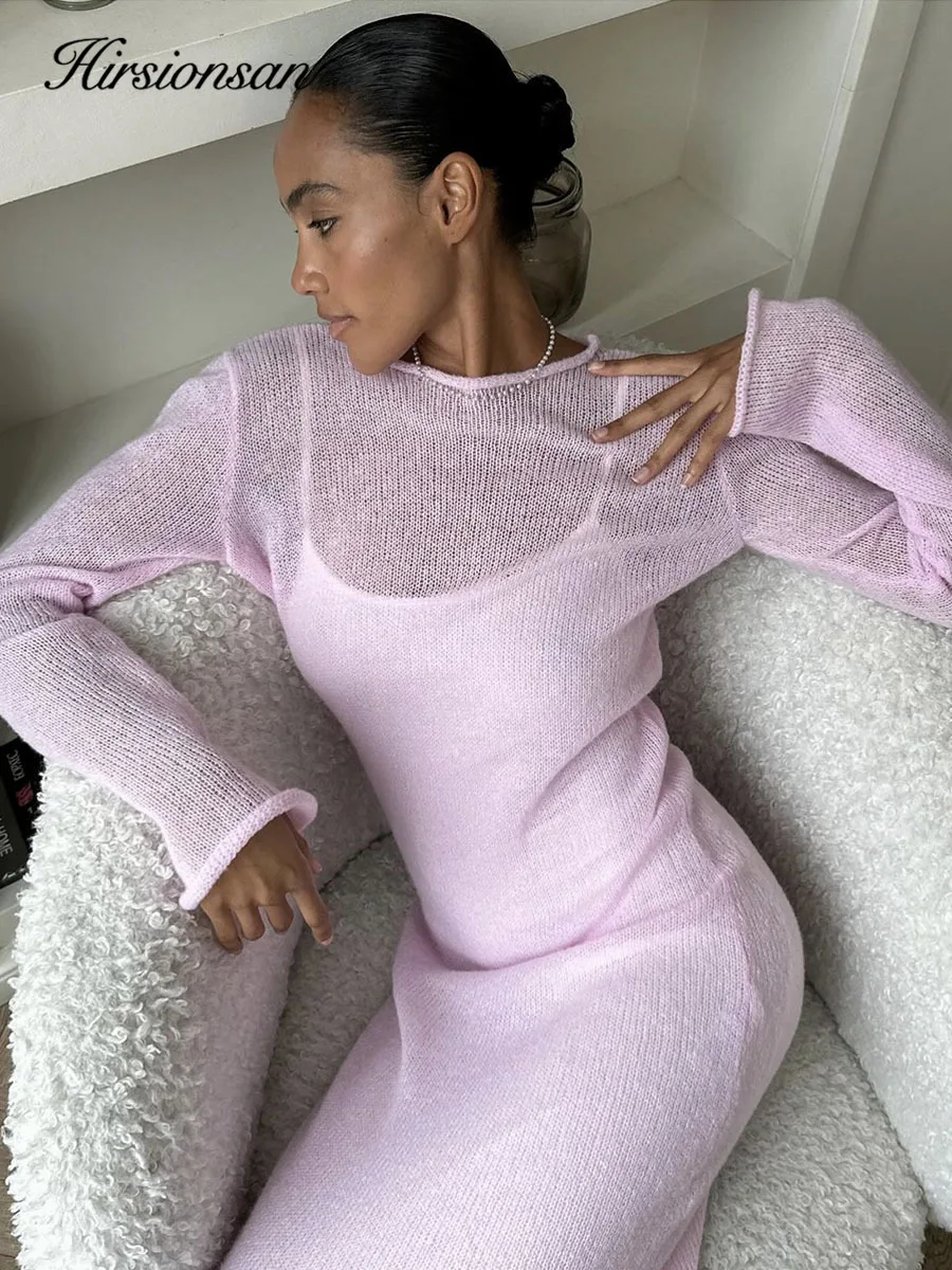 Hirsionsan Spring Autumn O-Neck Elastic Knit Long Dresses Women 2024 Elegant Chic Soft Lady Hollowing Sweater Dresses Femme New 3