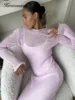Hirsionsan Spring Autumn O-Neck Elastic Knit Long Dresses Women 2024 Elegant Chic Soft Lady Hollowing Sweater Dresses Femme New 3