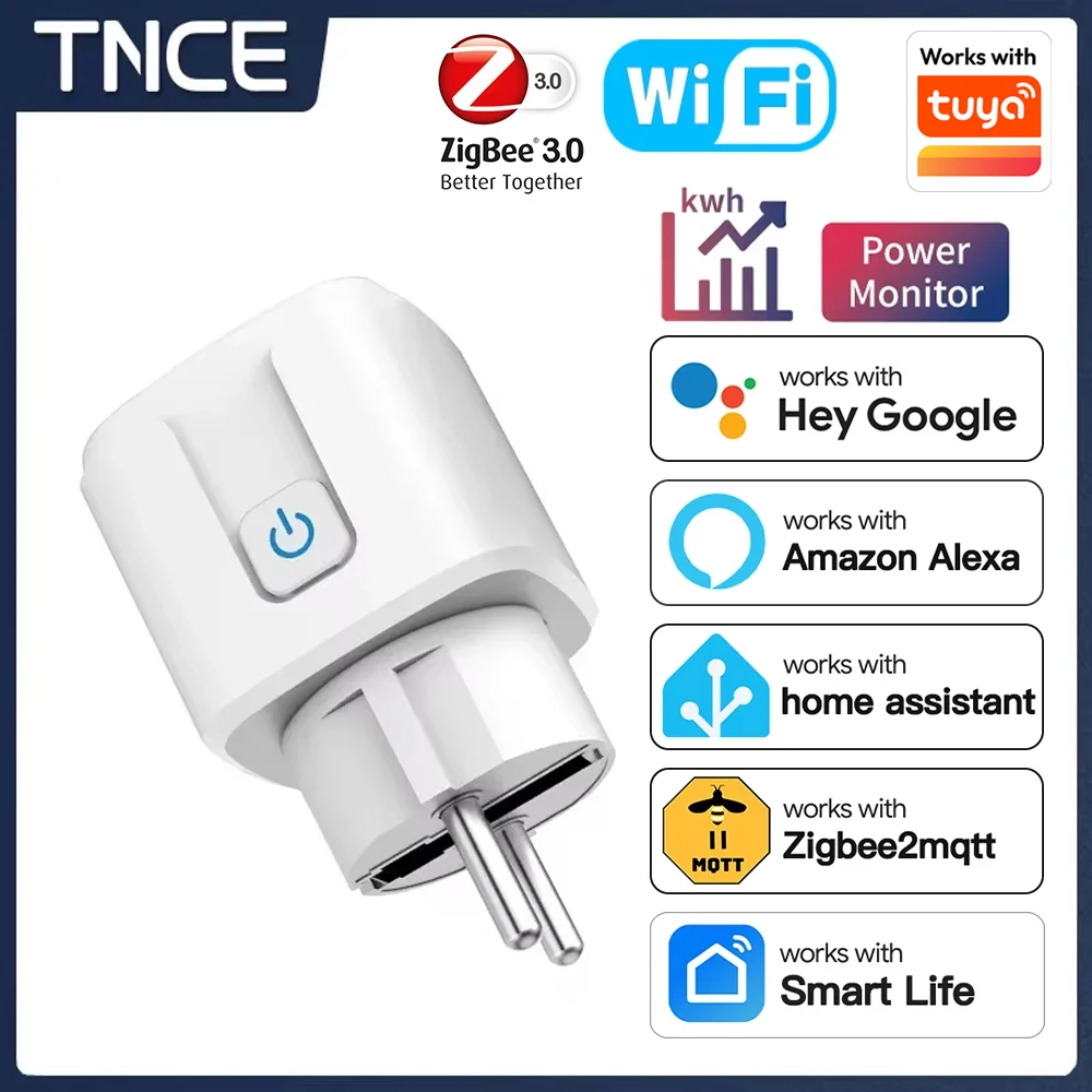 TNCE TUYA 스마트 플러그 WiFi 또는 Zigbee3.0 소켓 EU 16A/20A 전력 모니터 타이밍 기능 음성 제어 Alexa Google Home과 함께 작동