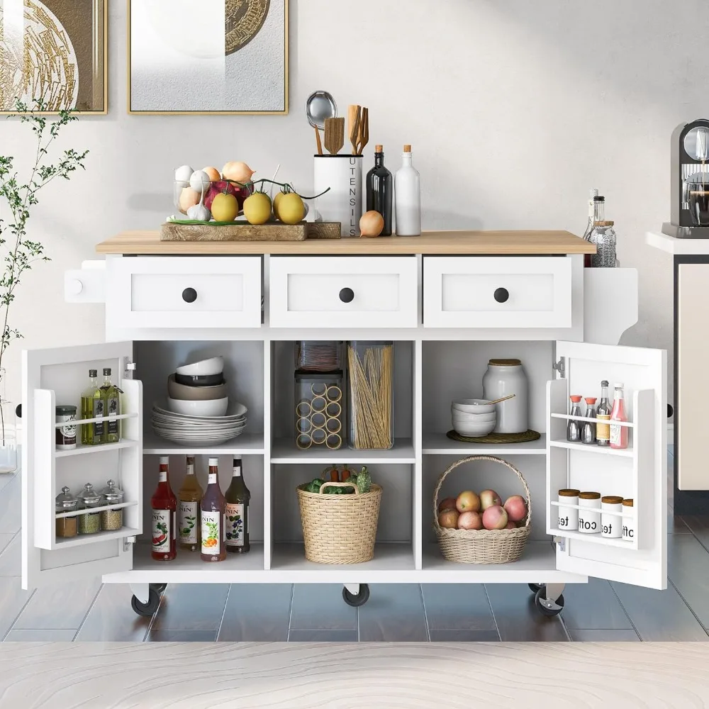 

Kitchen Island with Drop-Leaf Countertop, Internal Storage Cabinet Racks, Rolling Cart on 5 Wheels W/Open Shelves and 3 Drawers