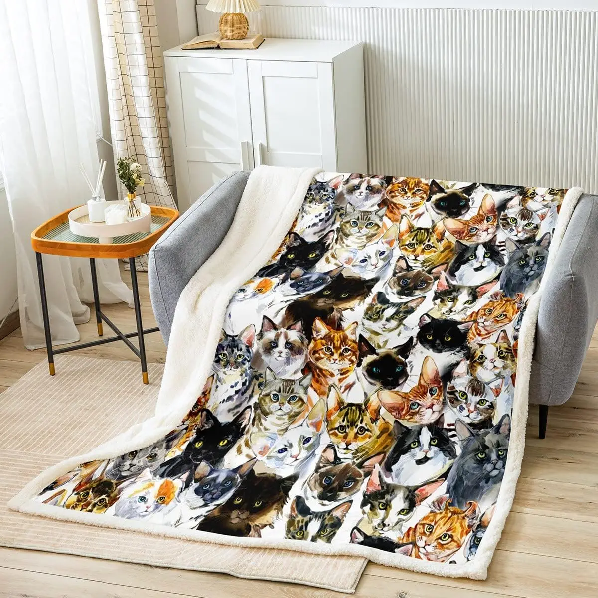 

Cute Cats Throws Blanket,Watercolor Kawaii Animal Painting Sherpa Blanket for Girls Teens, Cartoon Pet Themed for Animal