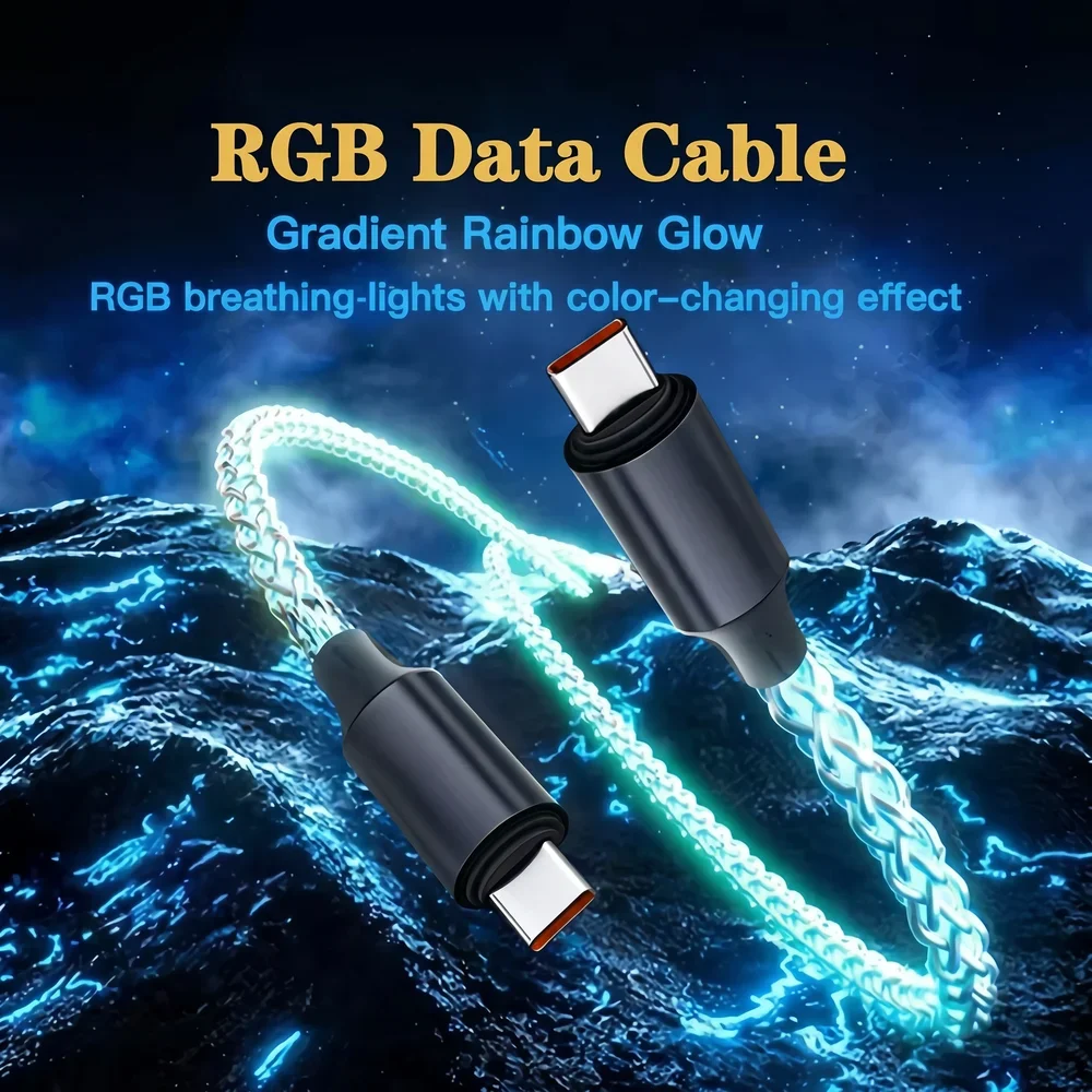66W 플로잉 LED 발광 RGB USB C to Type C 충전 케이블, 아이폰 17 16 Pro, 화웨이, 삼성, 오포, 비보용 데이터 동기화 USB 케이블