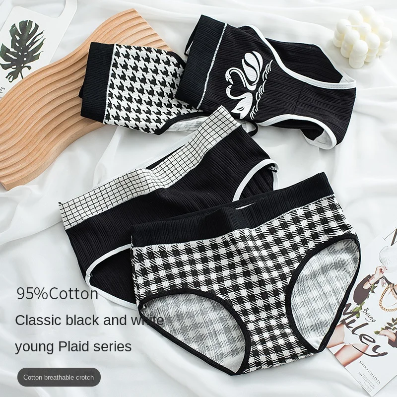 M-XL Women's Cotton Underwear Girls' Cute Plaid Briefs Fashion Black  White Plaid Printing Panties Mid Waist Seamless Underpants
