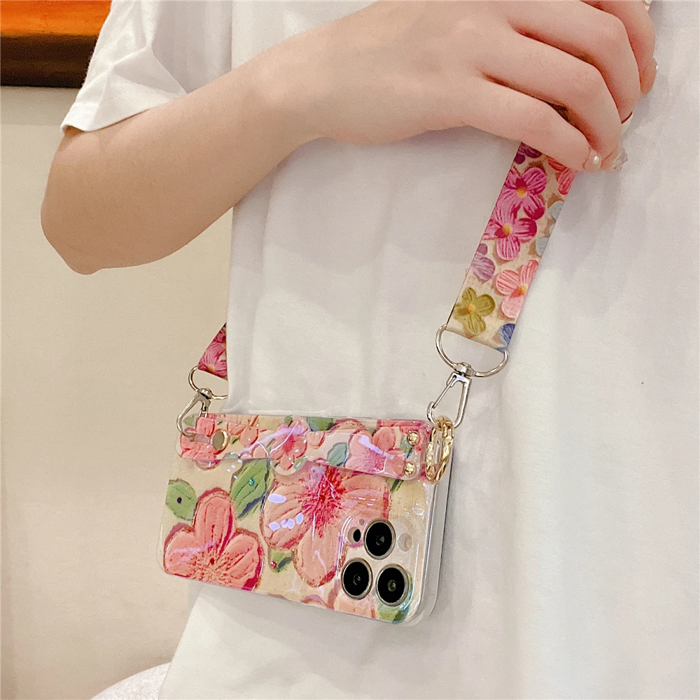Elegant Floral Diamond Soft Cover with Crossbody Lanyard and Wrist Strap