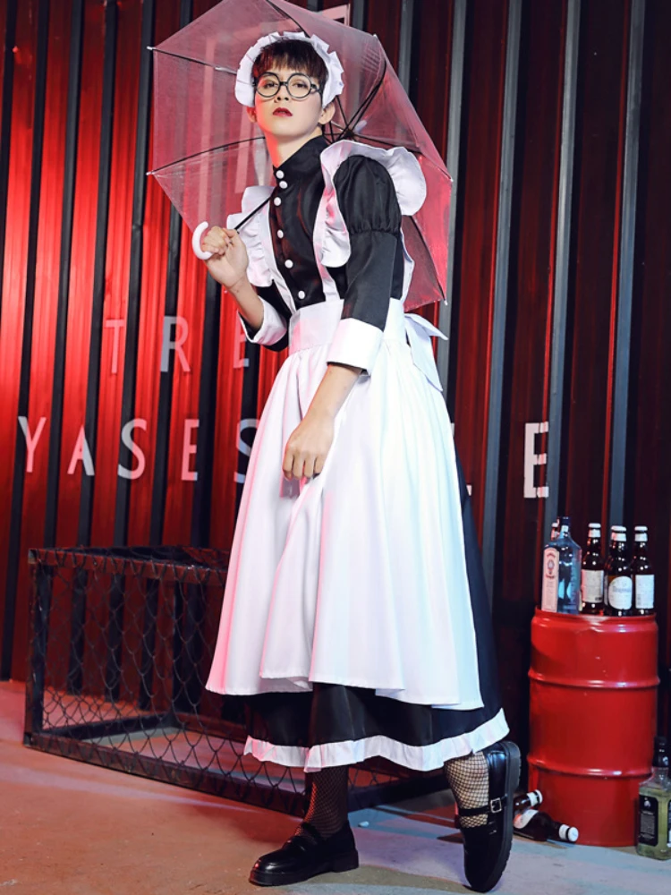 Unisex Maid Outfit Lolita Cosplay Cute Sexy Erotic Kawaii Cafe Costume Black White Men Uniform Apron Dress Cute Bowknot Mucama lolita dress lolita suspender dress lolita cosplay costumes suspender dress