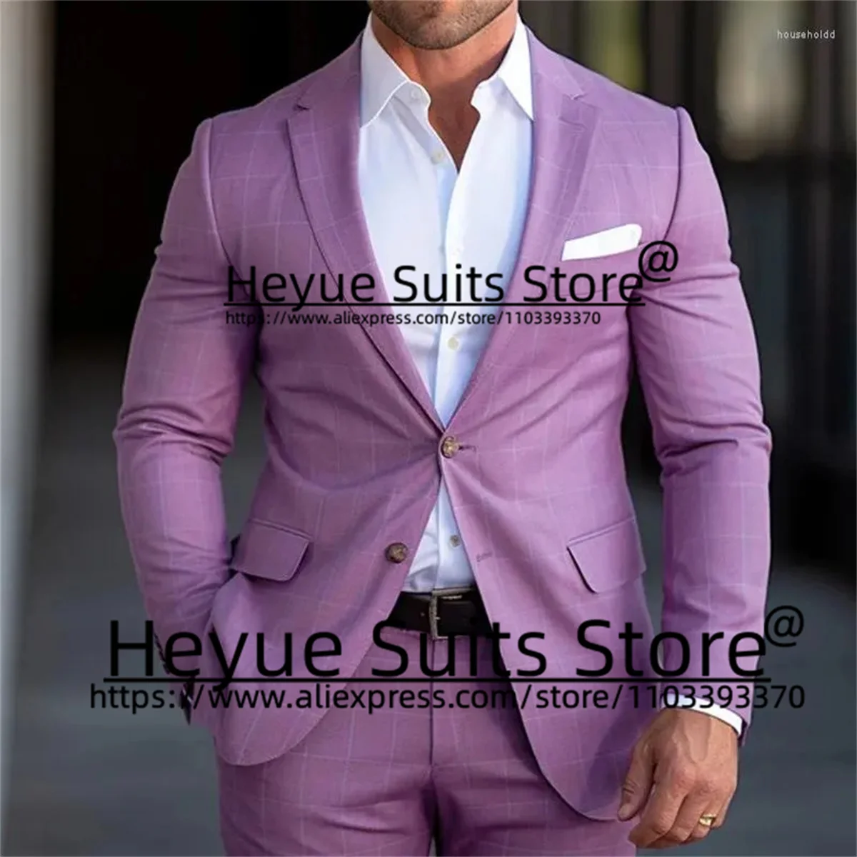 Pink Fashion Plaid Men Suits Slim Fit Notched Lapel Groom Formal Tuxedos Prom 2 Pieces Sets Business Male Blazer Costume Homme