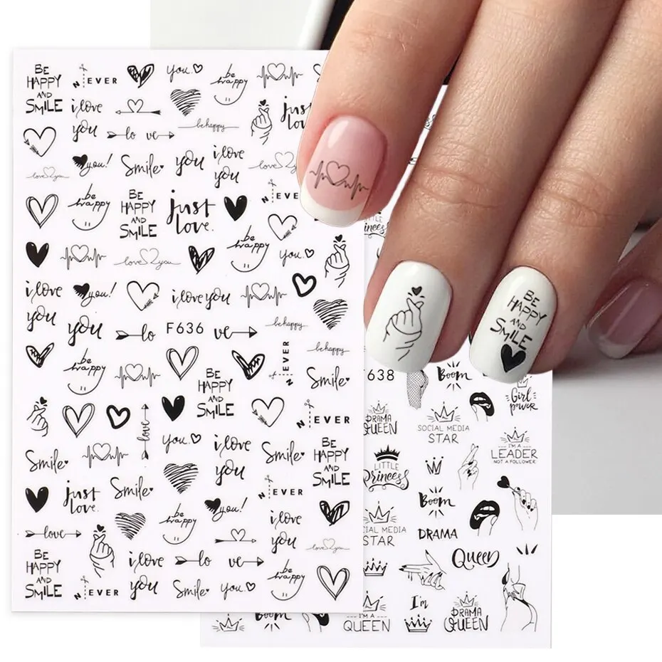 Nail Stickers 2pcs Heart Love Design 3D Nail Art Stickers English Letter Cool Girl Face Sliders Valentine Day Manicure