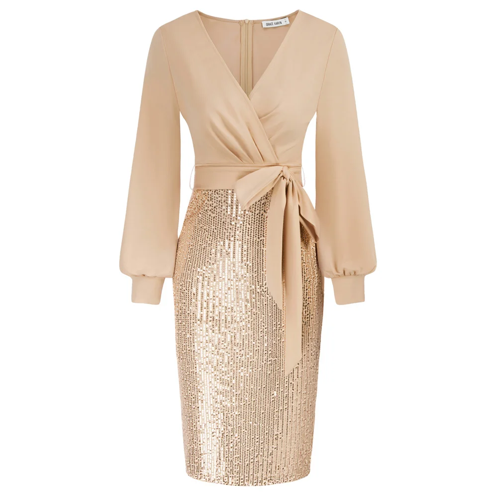 

GK Women Sequin Patchwork Dress Elegant Lady Long Sleeve V Neck Bodycon Dress Work Wedding Guest Office Cocktail Dresses A30