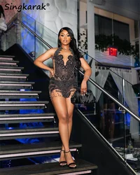 Sexy Sparkly Black Diamonds Short Prom Dress Glitter Crystals Rhinestone Bead Birthday Party Coctail Gown Homecoming Vestidos