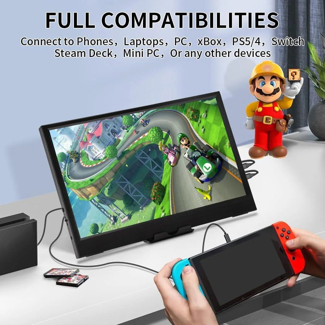 11.6인치 휴대용 디스플레이 IPS 1360*768 LCD HDMI 호환 타입 C 전원 입력 Xbox PS4/5 PC 노트북 카메라 TV 박스 DVD 화면