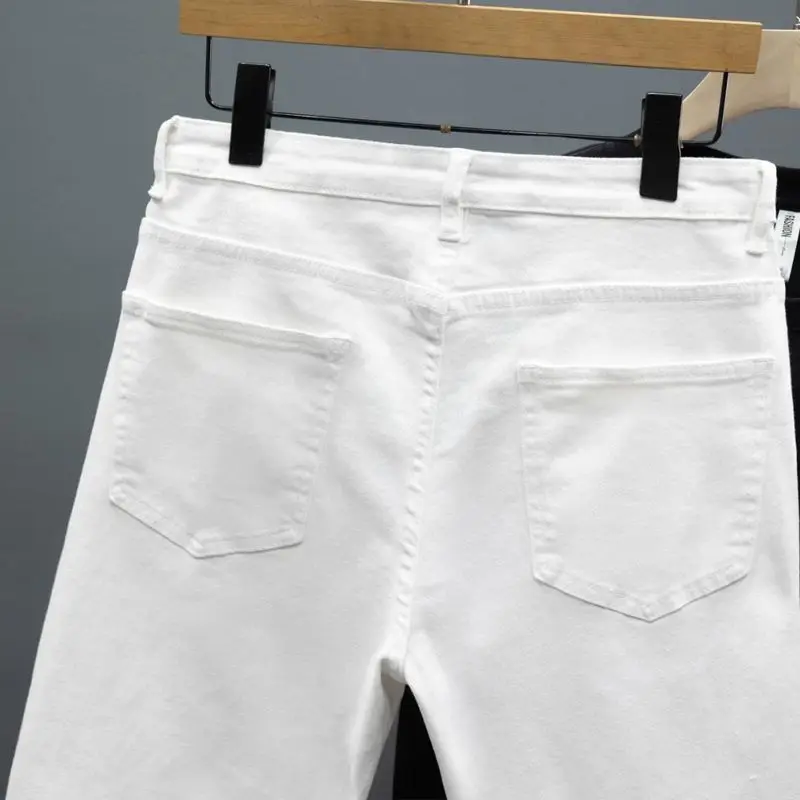 White Denim Shorts Men's Summer Fashion Ripped Soft Elastic Fit Straight Casual Korean Hole Short Jeans Hip-hop Streetwear 5
