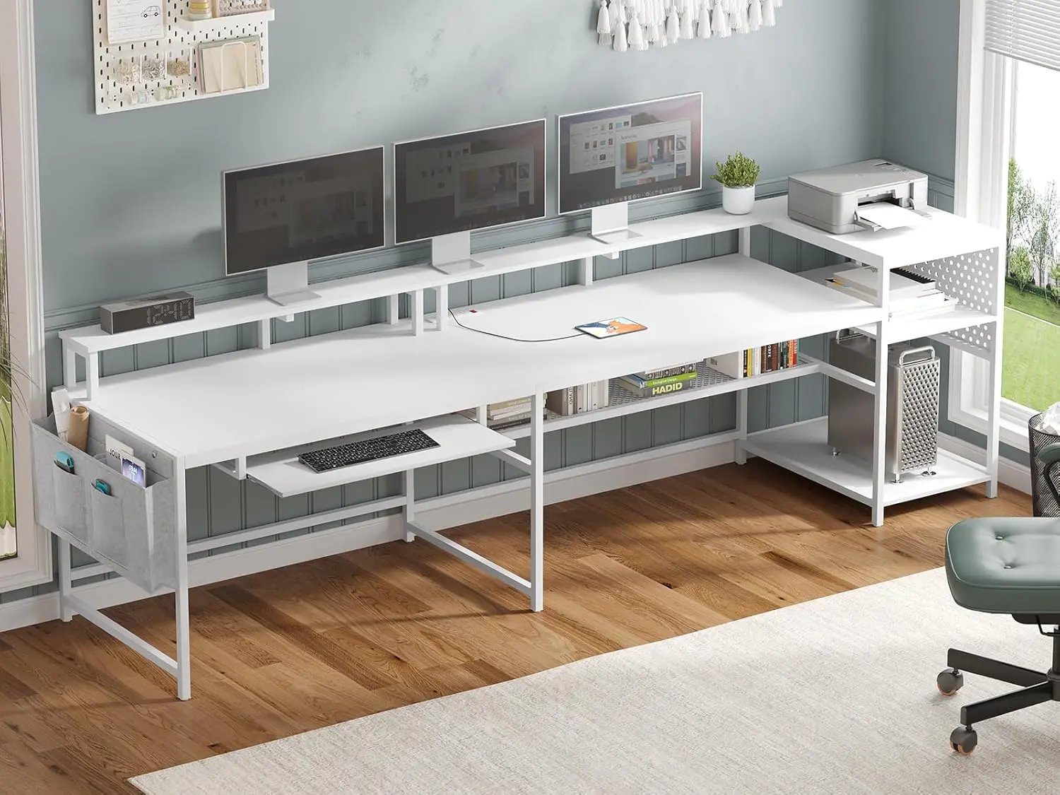 L Shaped Gaming Desk, Gaming Desk with Power Outlets and LED Strip, Monitor Shelf, Keyboard Tray, Pegboard and Storage Shelves 4
