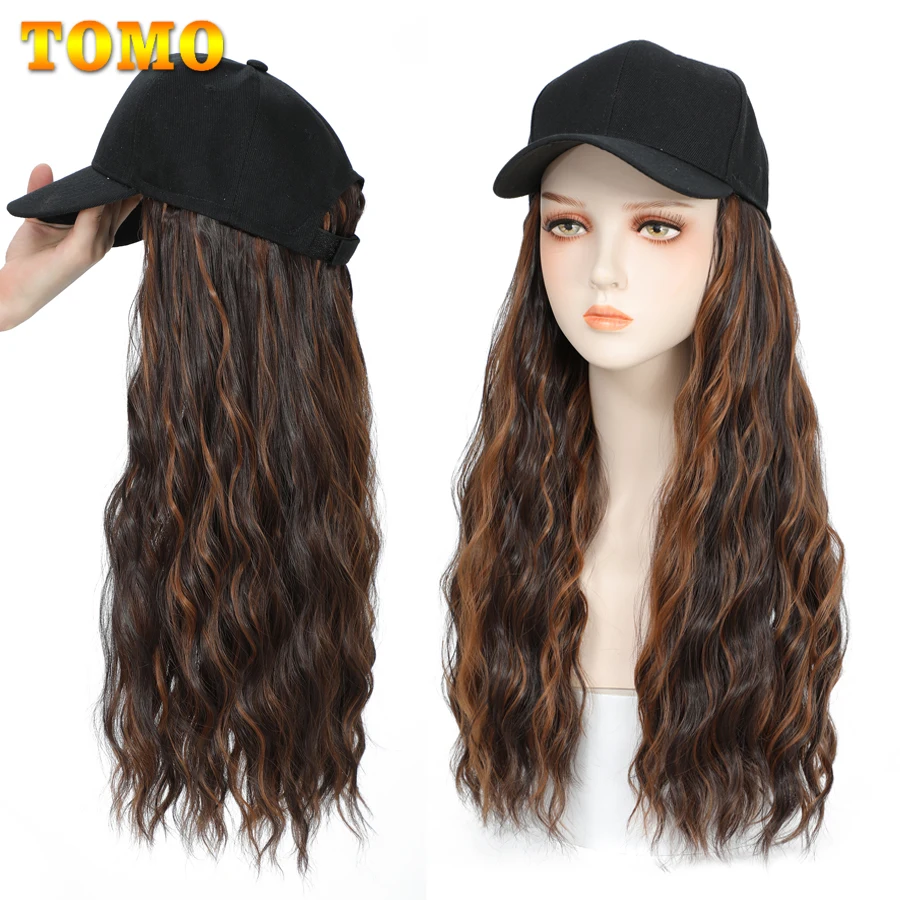 

TOMO Hat Hair Extensions Baseball Cap With Long Hair Ombre Synthetic Curly Wave Wig With Hat Adjustable Hat Wig Wavy Hairstyle
