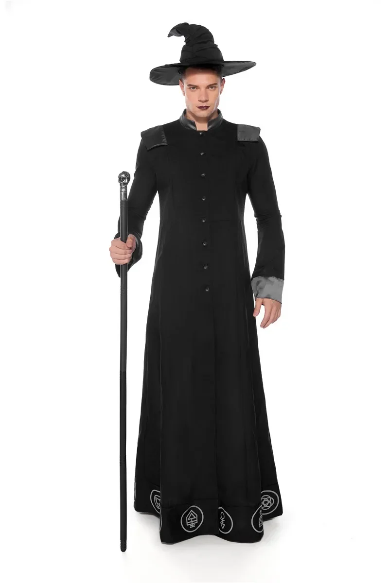 Adult Magic Wizard Sorcerer Warlock Costume Magician Cosplay for Men Halloween Purim Party Costumes Fancy Dress Black