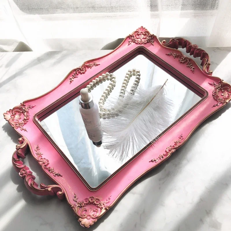 Oval Glass Storage Tray Pink Retro Mirror Food Tea Tray Household Jewelry Skin Care Product Organizer Wedding Home Decor 4