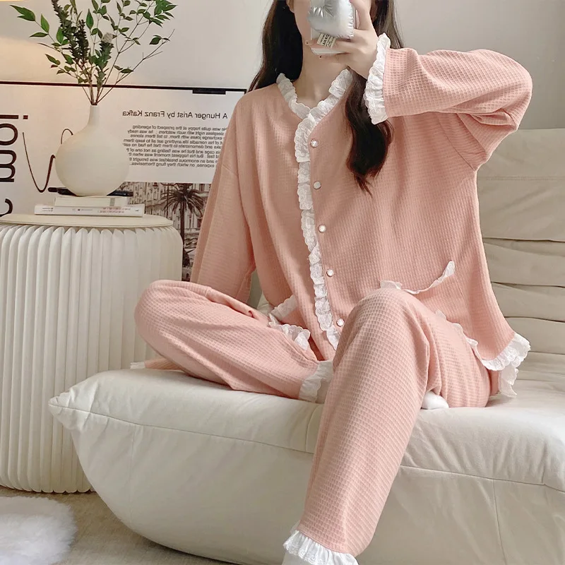 Women 2 Pieces Pajamas Sets 100% Cotton Pijama Print Female Pyjama Sleepwear Long Sleeve Shirt Pants Suit Homewear Loungewear