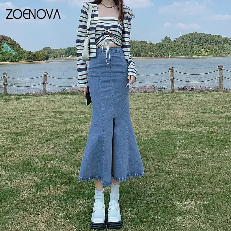 

ZOENOVA Simple Split Sexy Slim Versatile Light Cool Thin Summer Women's Feminine Charm Street Leisure Commuting Fishtail Skirt