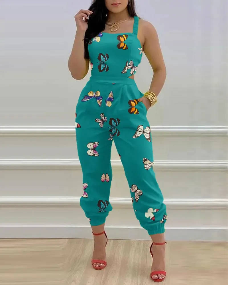 Woman Summer Sleeveless Long Jumpsuits Women Fashion Casual Printing Neck Sleeveless Hollowed-out Backless Rompers Playsuits New