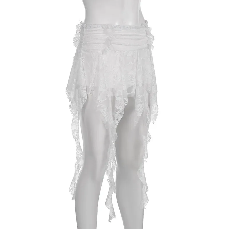 y2k Fairycore Skirt Women Clothing White Low Elastic Waist Irregular Ruffle Hem Skirt 2000s Party Skirts Streetwear