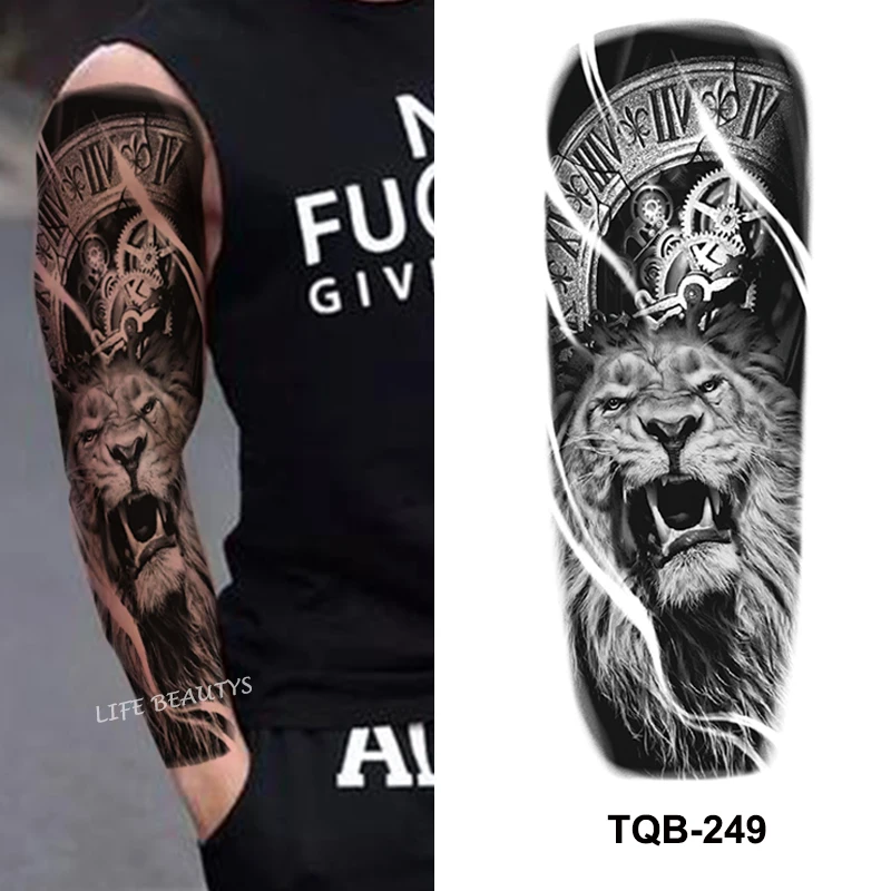 Autocollants Tatouages Temporaires Loups & Lion - Grand Format Bras - Étanches - Noir - Neuf