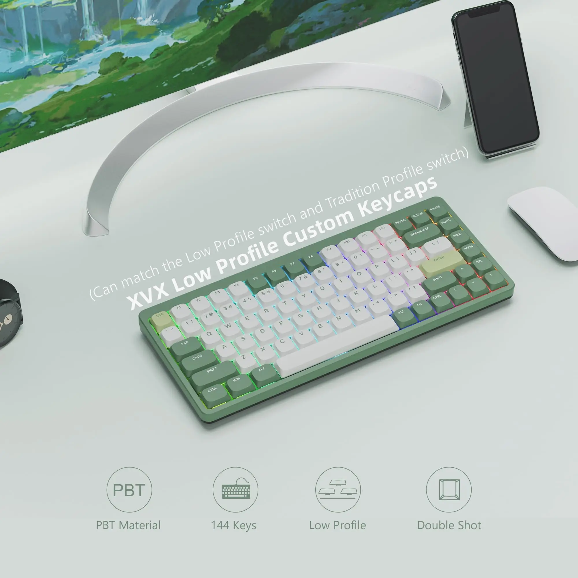 Custom Green Low Profile Pbt Keycaps Double Shot Gateron Cherry mx Switches Gamer Teclado Mecânico 143 Chaves - Imagem 6