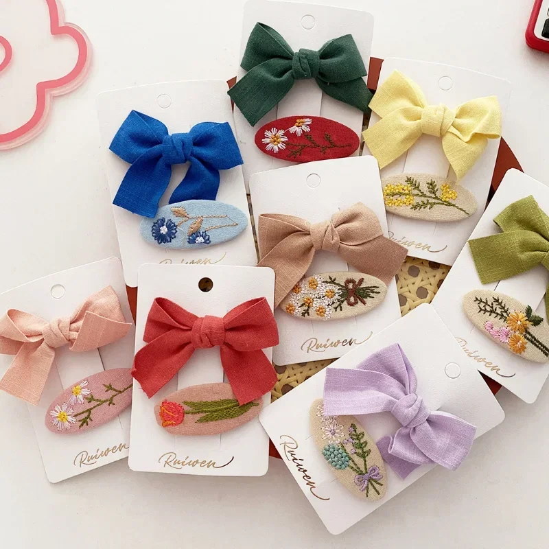 Sweet Little Girl Bowknot Hair Clips Solid Color Korean Mini Kids Embroidery Barrettes Princess Baby Clamp Hair Accessories 2PCS,hair clips,hair accessories