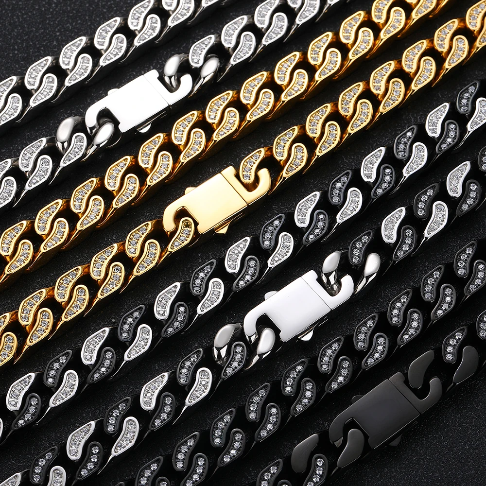 Hip Hop Jewelry Ice Out Cuban Link Chain For Men 18k Gold Plating Bling Full Diamond 12MM Stainless Steel Necklace No Fade