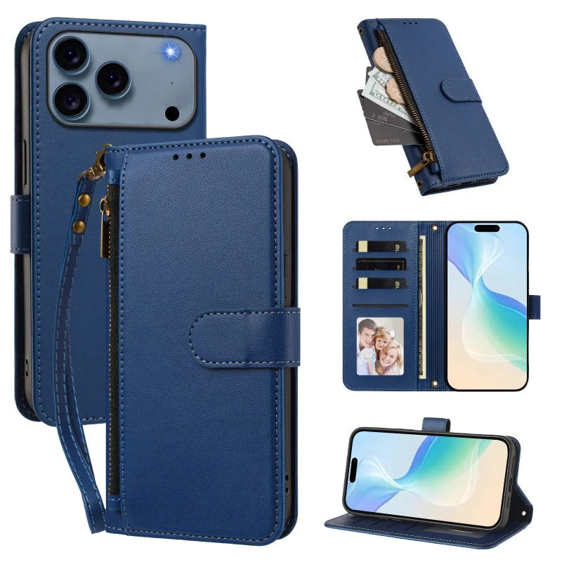 Luxurious Zipper Leather Wallet Phone Case with Wrist Strap and Card Slots