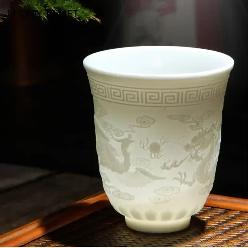 1 PC Boutique Suet Jade White Porcelain Teacup Three-dimensional Embossed Handmade Ceramic Tea Cup Travel Tea Bowl Master Cup