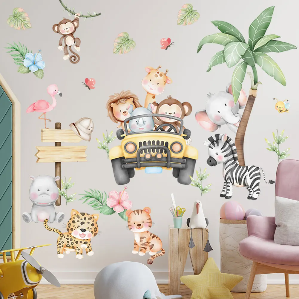 

Nordic Cartoon Forest Animals Wall Stickers for Kids Boys Girls Baby Room Decoration Elephant Giraffe Monkey Car Tree Wallpaper