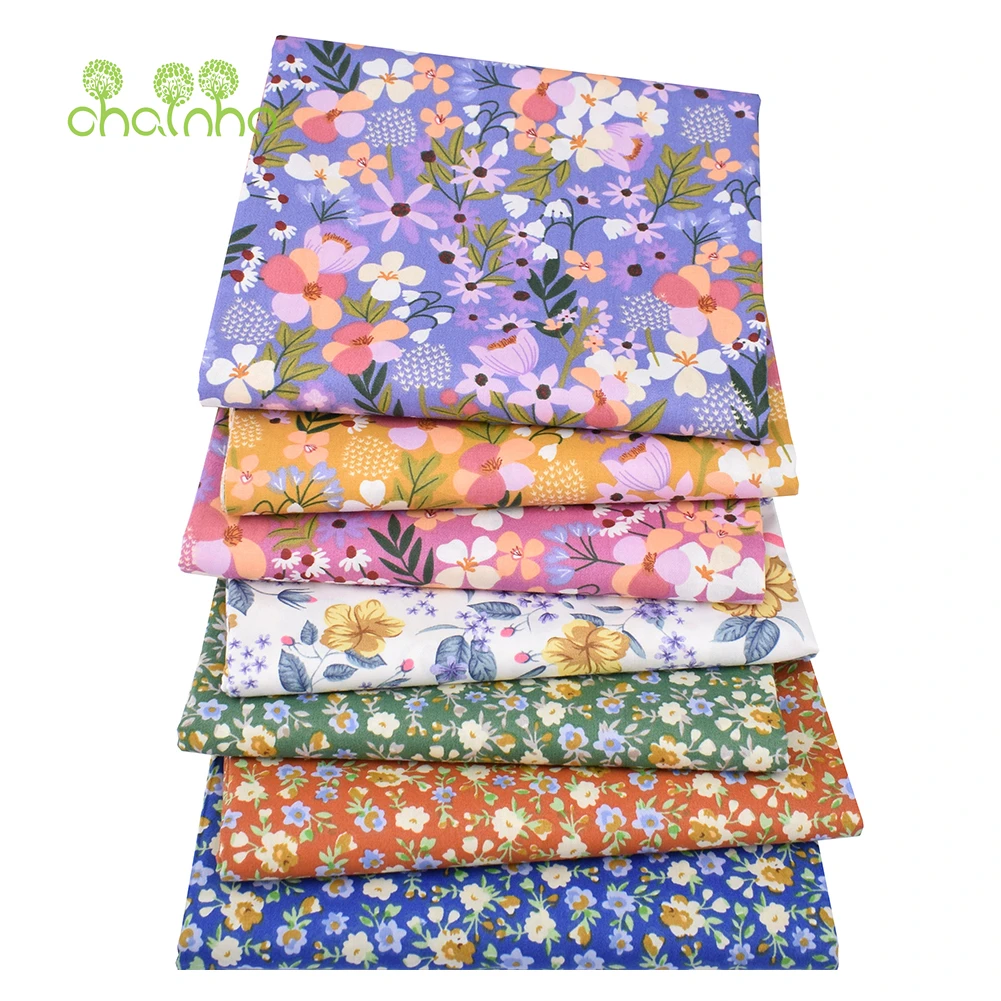 Chainho,Printed Twill Weave Cotton Fabric,DIY Sewing Quilting Material,Patchwork Series,7 Designs Floral Series,2 Sizes,15C355