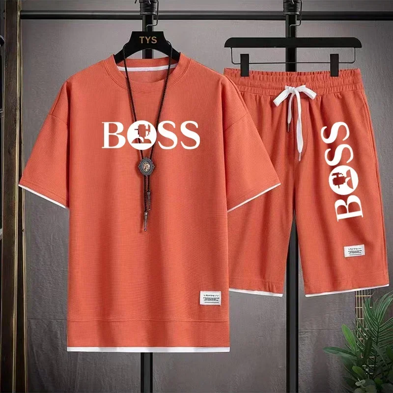 Fashion men's casual sports set new 2025 summer outdoor breathable round neck men short sleeve T-shirt + shorts two sets
